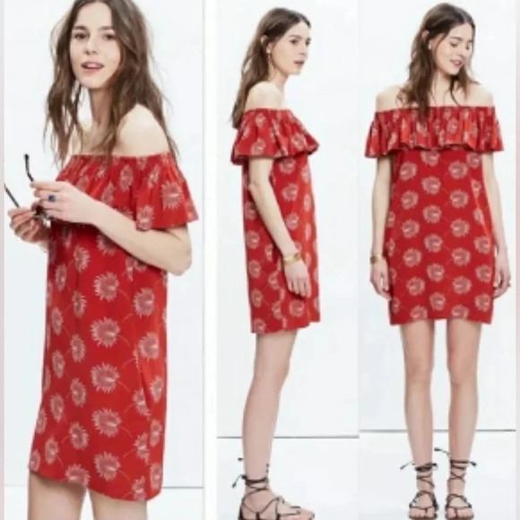 Madewell Silk Off the Shoulder Palm Red Sheath Mini Dress Boho Floral Size XS - Picture 9 of 9